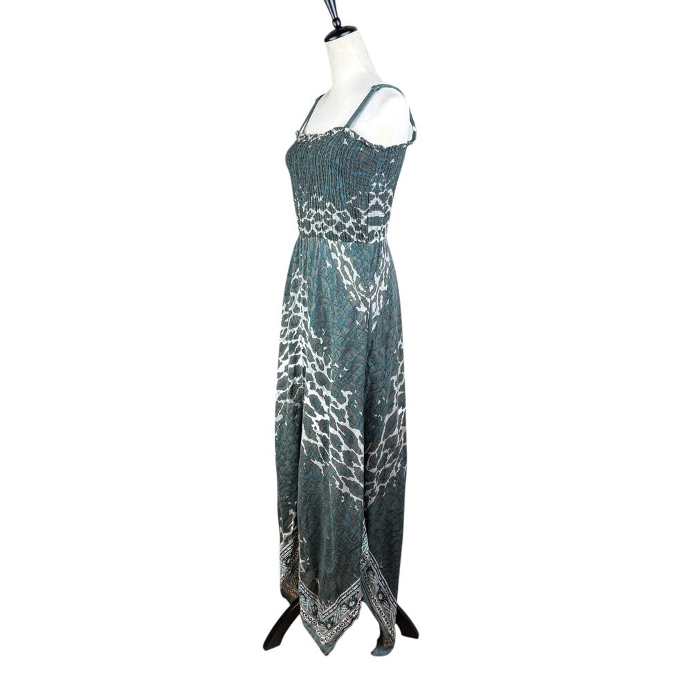 Soft Surroundings TALL Gray Teal Leopard Smocked Cotton Handkerchief Midi Dress - Picture 3 of 12